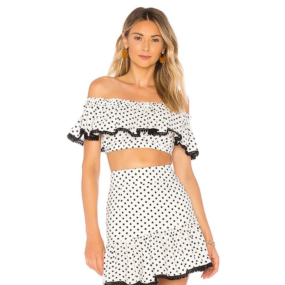 Suboo Polka Dot‎ Crop Top Off Shoulder Ruffle Trim White Black XL